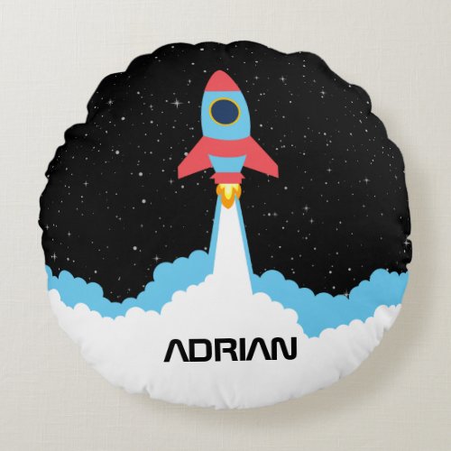 Rocket Launching in Outer Space Custom Name Round Pillow