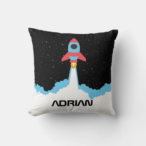Rocket Launching in Outer Space Custom Name Throw Pillow