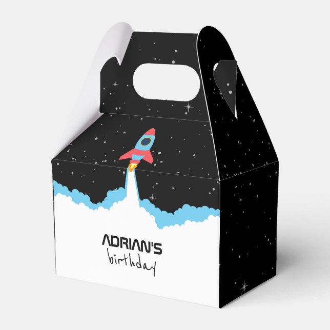 Rocket Launching in Outer Space Kids Birthday Favor Boxes (Front Side)