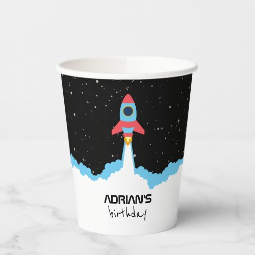 Rocket Launching in Outer Space Kids Birthday Paper Cups