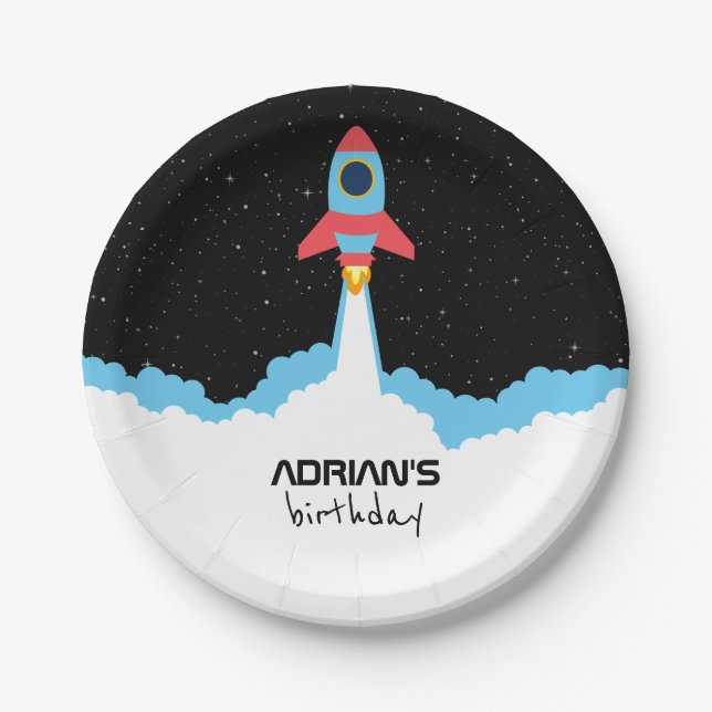Rocket Launching in Outer Space Kids Birthday Paper Plates (Front)