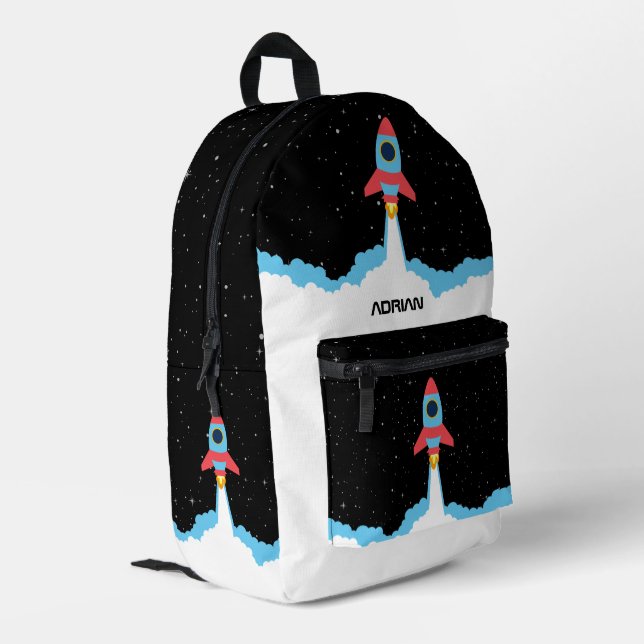 Rocket Launching in Outer Space Kids Name Printed Backpack (Back Corner Left)