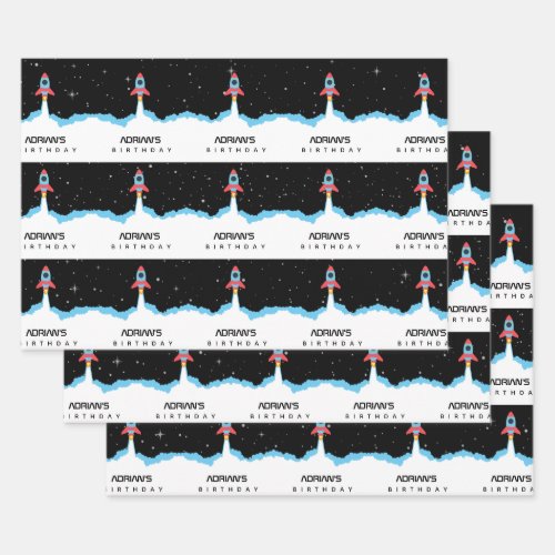Rocket Launching in Outer Space Name Birthday Wrapping Paper Sheets