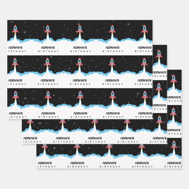 Rocket Launching in Outer Space Name Birthday Wrapping Paper Sheets (Set)