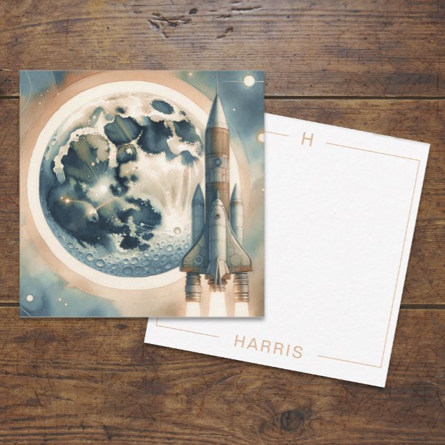 Rocket Moon Space Monogram Flat Note Card (Creator Uploaded)