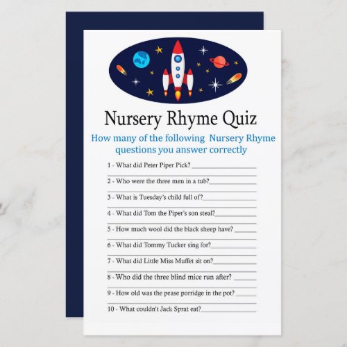 Rocket Nursery Rhyme Quiz baby shower game