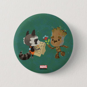 Rocket Observing Groot Grow Flowers Button