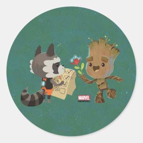 Rocket Observing Groot Grow Flowers Classic Round Sticker