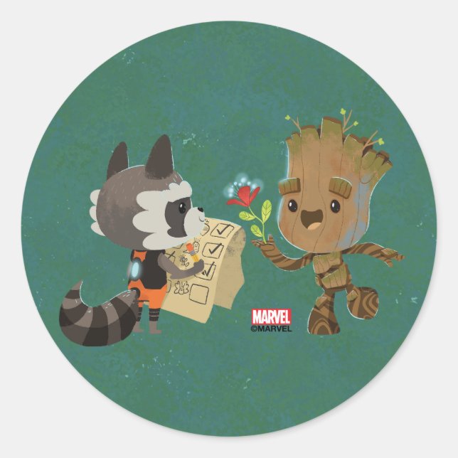 Rocket Observing Groot Grow Flowers Classic Round Sticker (Front)