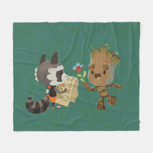 Rocket Observing Groot Grow Flowers Fleece Blanket