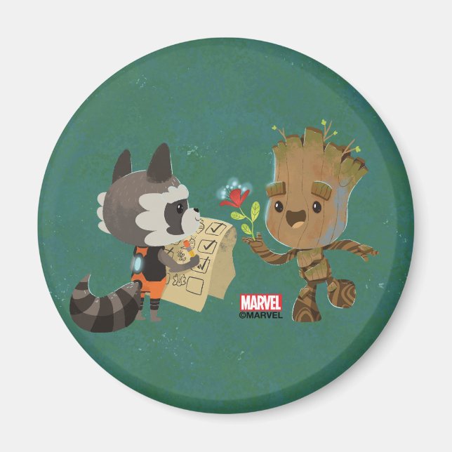 Rocket Observing Groot Grow Flowers Magnet (Front)
