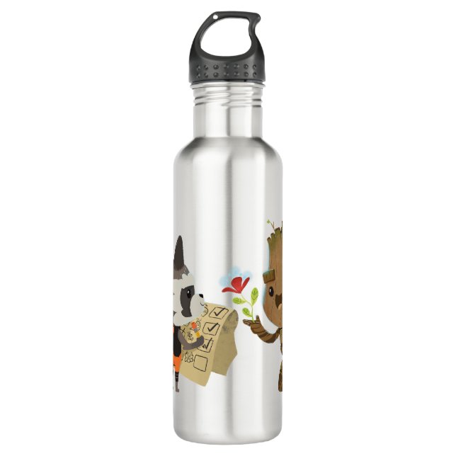 Rocket Observing Groot Grow Flowers Stainless Steel Water Bottle (Front)