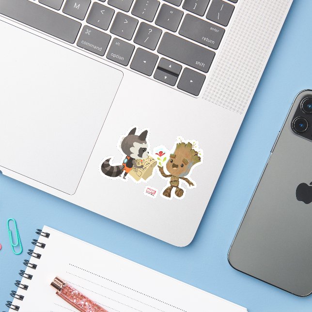 Rocket Observing Groot Grow Flowers Sticker (Laptop w/ iPhone)