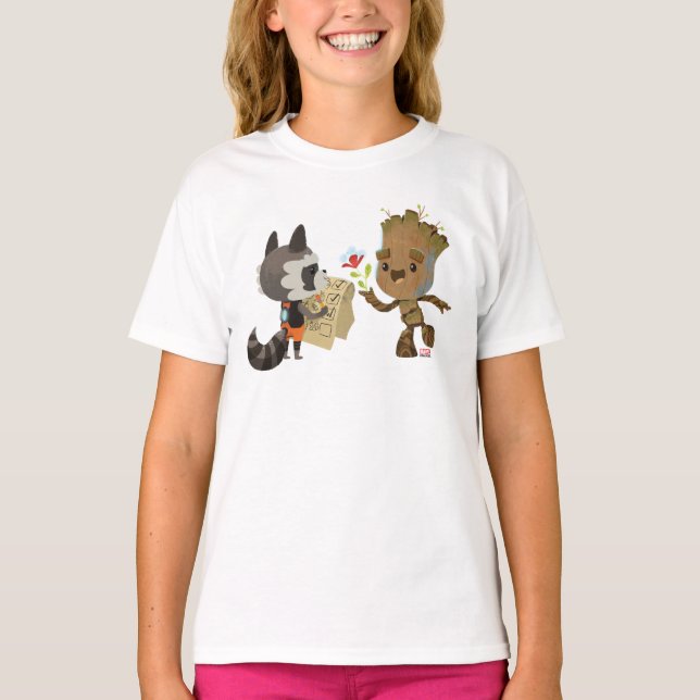 Rocket Observing Groot Grow Flowers T-Shirt (Front)