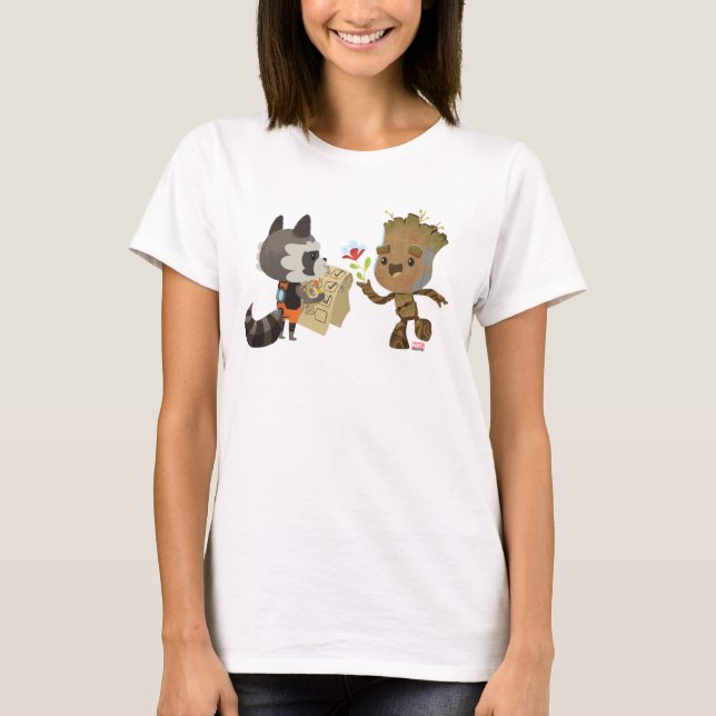 Rocket Observing Groot Grow Flowers T-Shirt (Front)