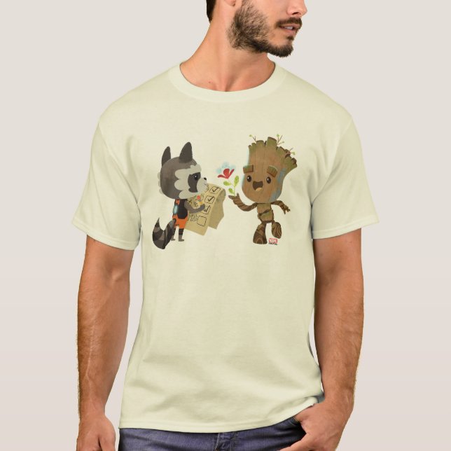 Rocket Observing Groot Grow Flowers T-Shirt (Front)