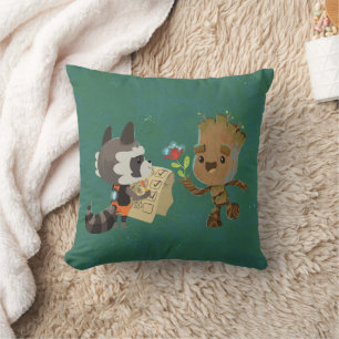 Rocket Observing Groot Grow Flowers Throw Pillow