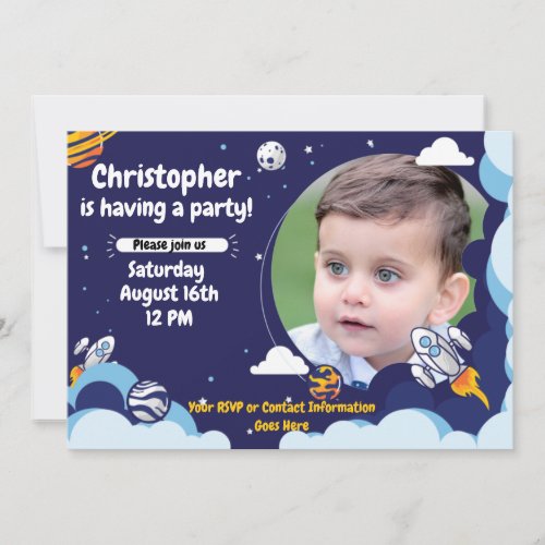 Rocket Outer Space Clouds Birthday Invitation