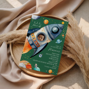 Rocket Photo First Birthday Space Party Invitation