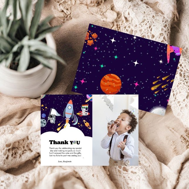 Rocket planet galaxy boy birthday  thank you card (Creator Uploaded)