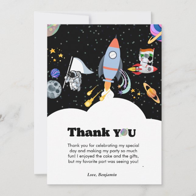 Rocket planet galaxy & outer space thank you card (Front)