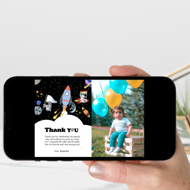 Rocket planets galaxy & outer space thank you card (Front Digital)