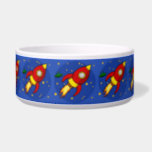 Rocket red Pet Bowl<br><div class="desc">Illustration of a cute rocket in outer space,  surrounded by stars,  and a small green UFO spaceship. Perfect for kids or fun-loving adults. 
Copyright © 2016 Mariana Musa for Floating Lemons. All rights reserved.
http://www.floatinglemons.com
http://www.floatinglemonstreats.com</div>