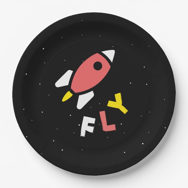 Rocket - Red & Yellow Abstract Pop Art. FLY! Paper Plates (Front)