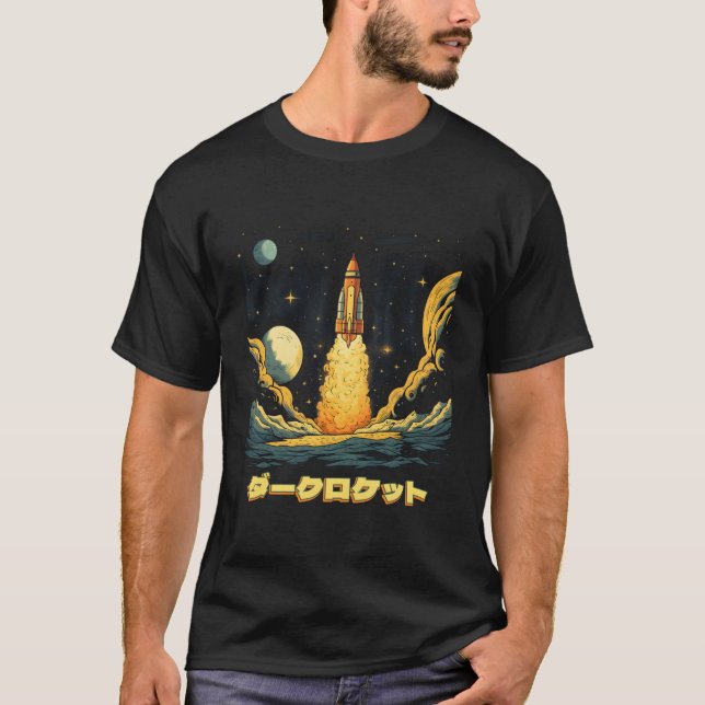 Rocket Retro Dark Spaceship Steampunk Japanese Kat T-Shirt (Front)