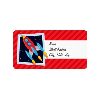 Rocket; Scarlet Red Stripes Label by Birthday_Party_House at Zazzle