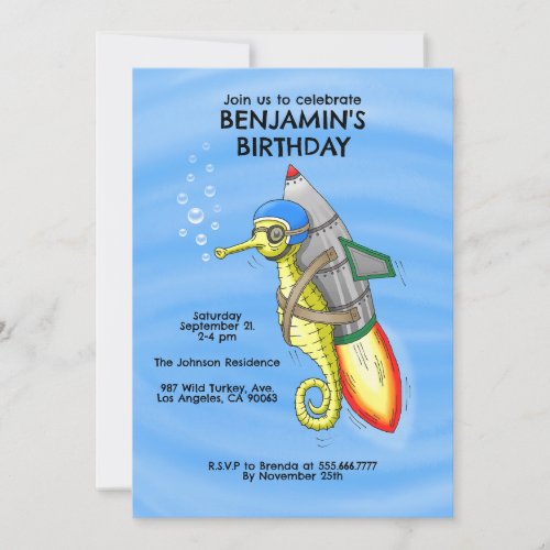 Rocket Seahorse Birthday Invitation