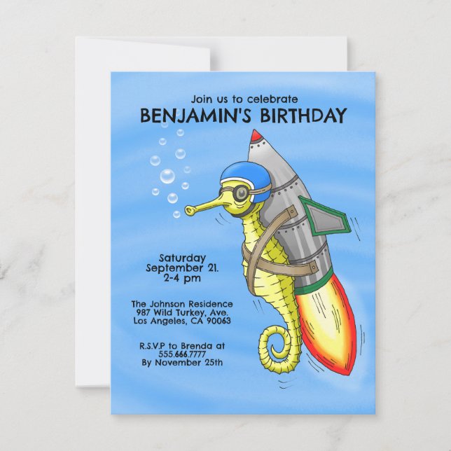 Rocket Seahorse Birthday Invitation (Front)