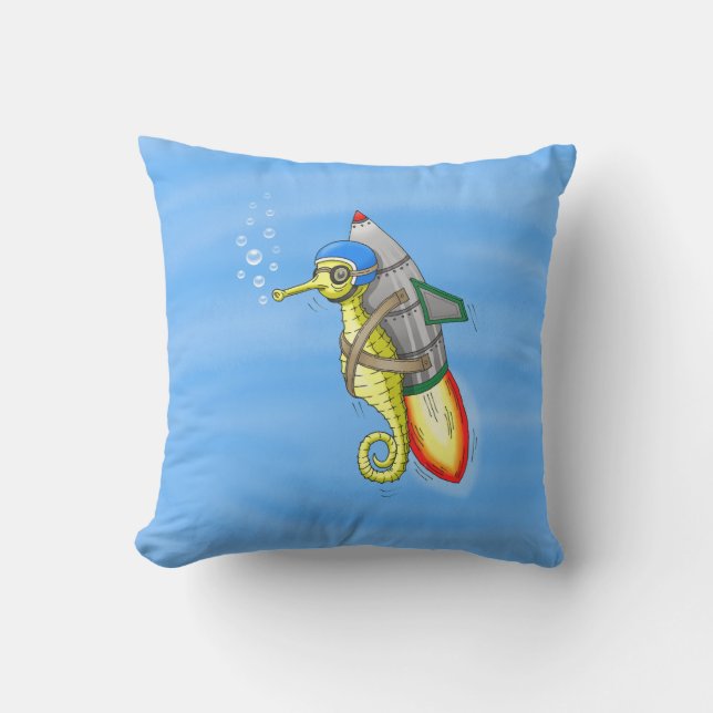 Rocket Seahorse Throw Pillow (Front)
