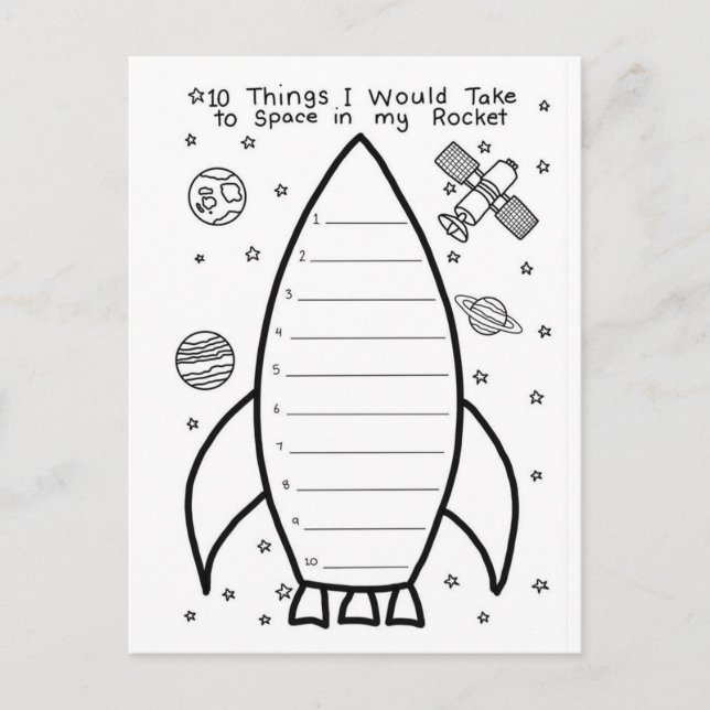 Rocket Ship "10 Things I Would Take to Space" Postcard (Front)