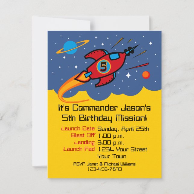 Rocket Ship 5th Birthday Custom Invitations (Front)