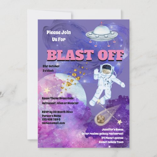 Rocket ship astronaut pink purple girls space  invitation