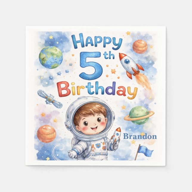 Rocket ship birthday Space Planets Boy Stars Napkins (Front)