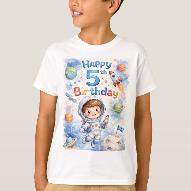 Rocket ship birthday Space Planets Boy Stars T-Shirt (Front)