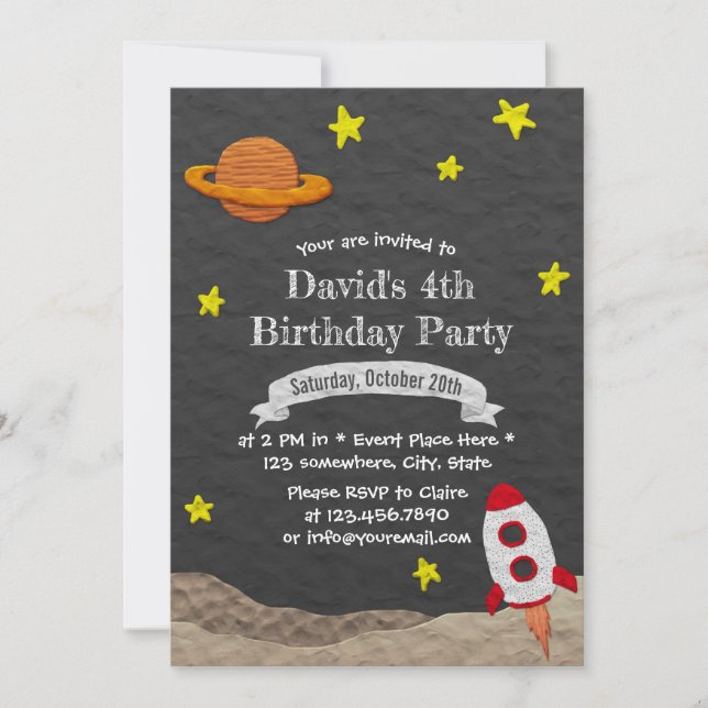 Rocket Ship Blast Off Outer Space 4th Birthday Invitation (Front)