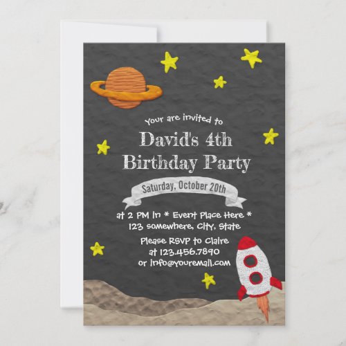 Rocket Ship Blast Off Outer Space 4th Birthday Invitation