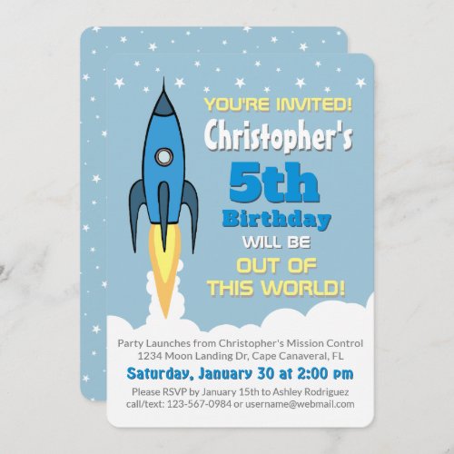 Rocket Ship Boys Outer Space Birthday Invitation