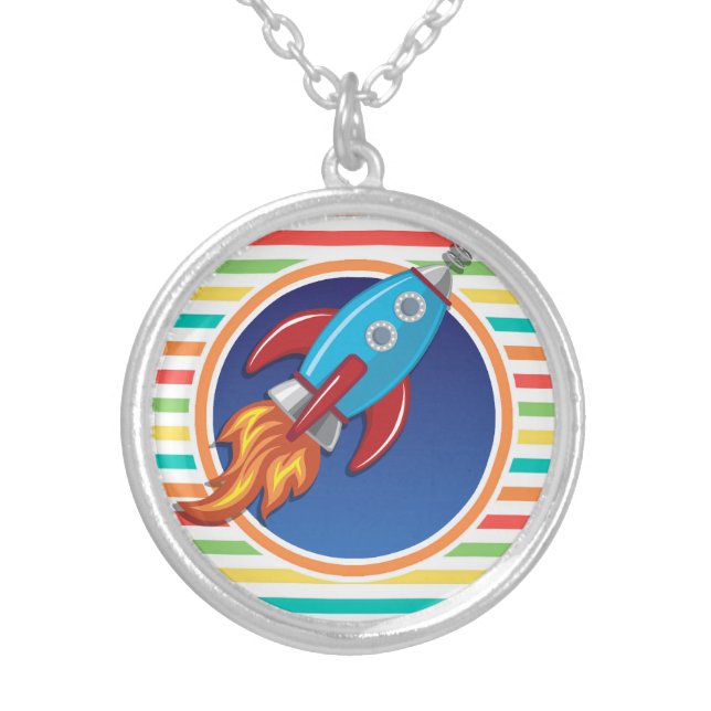 Rocket Ship; Bright Rainbow Stripes Silver Plated Necklace (Front)