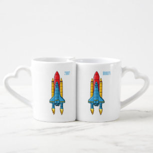 Rocket ship cartoon illustration coffee mug set