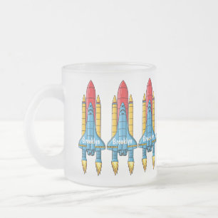 Rocket ship cartoon illustration frosted glass coffee mug