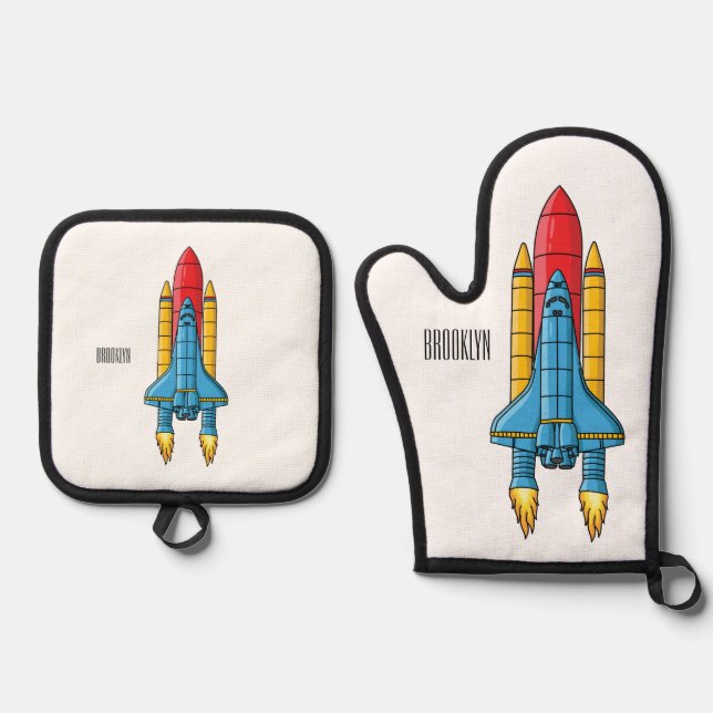 Rocket ship cartoon illustration oven mitt & pot holder set (Front)