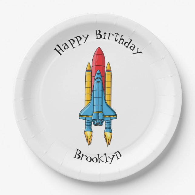 Rocket ship cartoon illustration paper plates (Front)