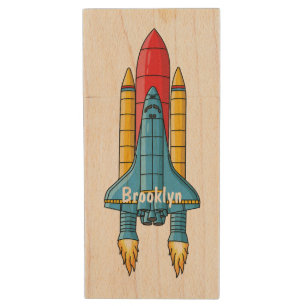 Rocket ship cartoon illustration wood flash drive