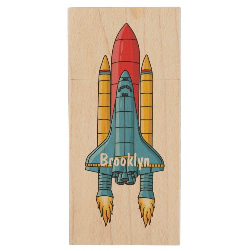 Rocket ship cartoon illustration wood flash drive