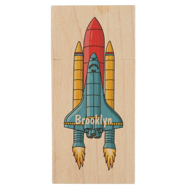 Rocket ship cartoon illustration wood flash drive (Front Vertical)