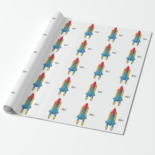 Rocket ship cartoon illustration wrapping paper